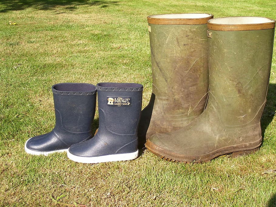 boots, big and small, garden, grass, shoe, plant, boot, nature, day, sunlight