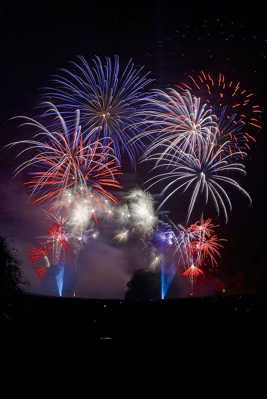 aerial, fireworks display, nighttime, fireworks, bonfire, night, burst, firework display, celebration, exploding