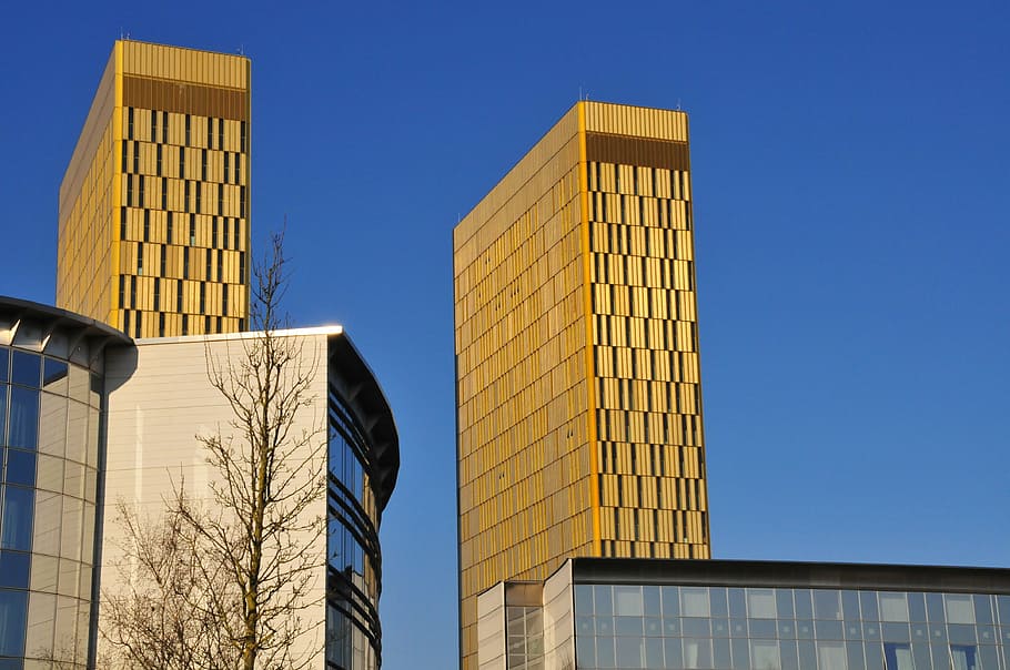 yellow, high, rise building, eu court of justice, kirchberg, luxembourg, architecture, built structure, building exterior, city