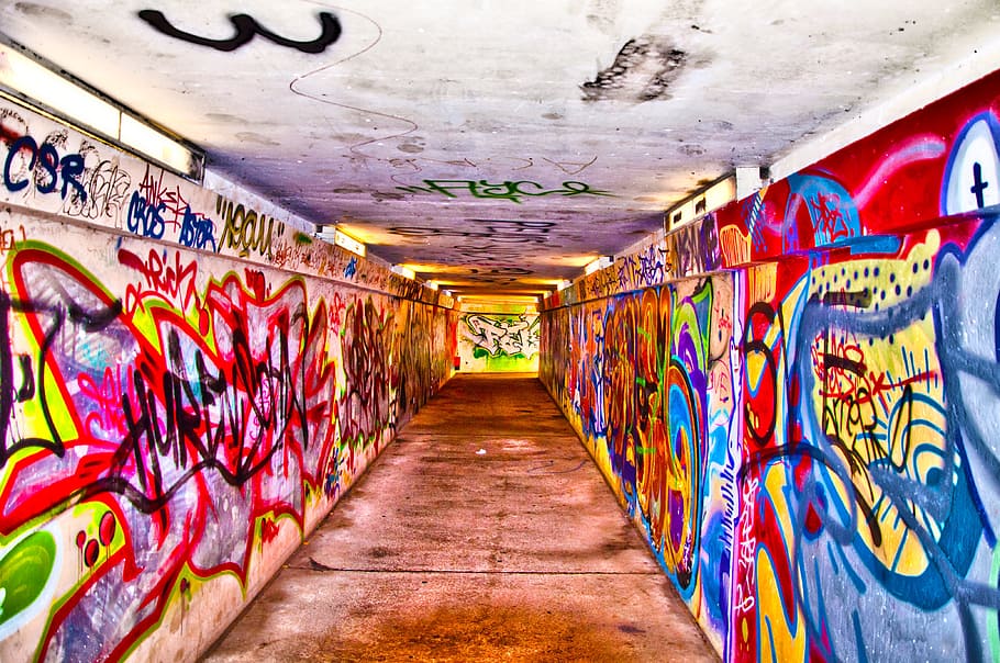Pedestrian Tunnel, Graffiti, Underpass, concrete, mural, youth, spray, art, creativity, railway underpass