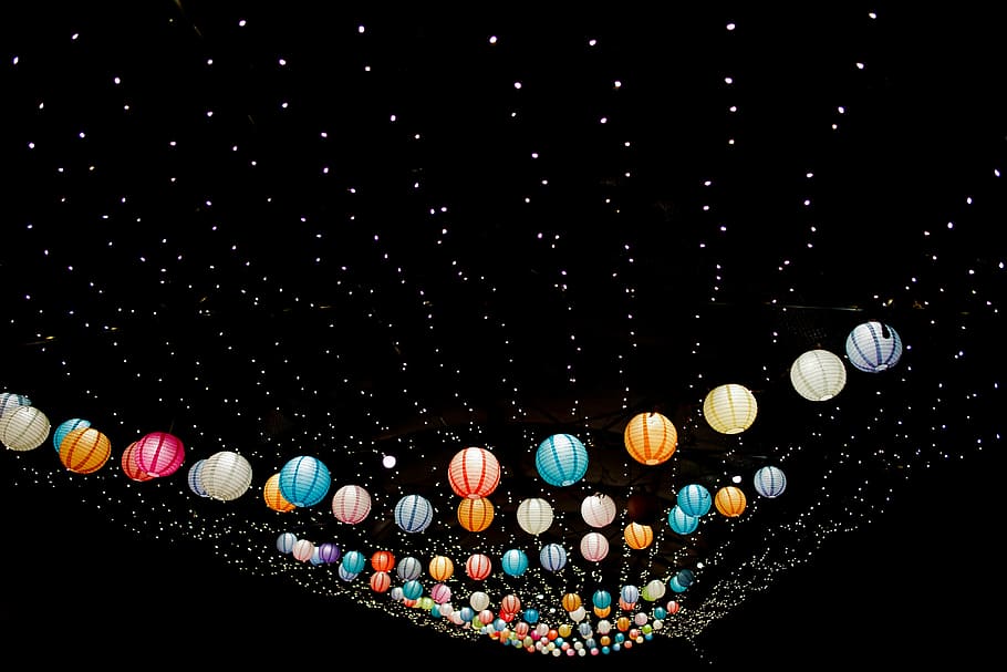 assorted-color lighted lanterns, dark, night, colorful, lantern, lamp, lights, display, design, illuminated