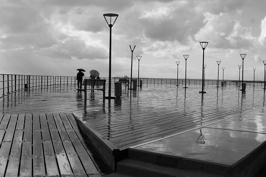 black and white, boardwalk, seashoe, beach, ocean, landscape, clouds, sky, outdoor, pier