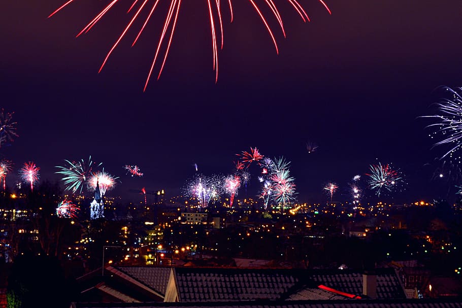 fireworks display, night, architecture, building, infrastructure, city, urban, lights, skyline, fireworks