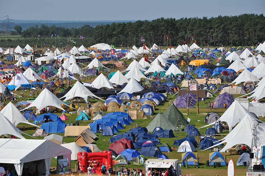 aerial, photography, assorted-color tents, trees, world jamboree, camp, path finder, nature, camping, international