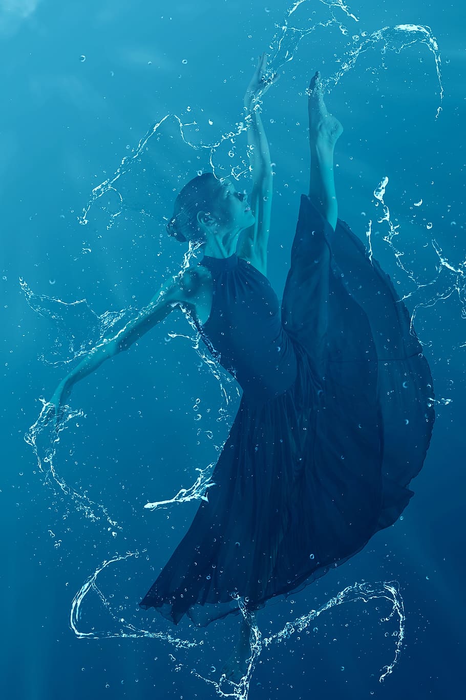 ballerina, wearing, black, dress, underwater, woman, dancer, activity, water, one person