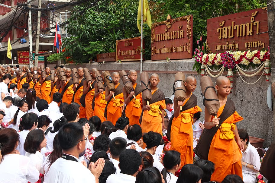 buddhists, monks, walk, robes, orange, thailand, buddhism, ceremony, festival, tradition