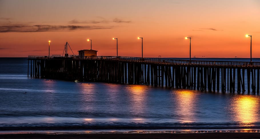 lighted, pathway, body, water, pismo beach, california, pier, structure, landmark, historic