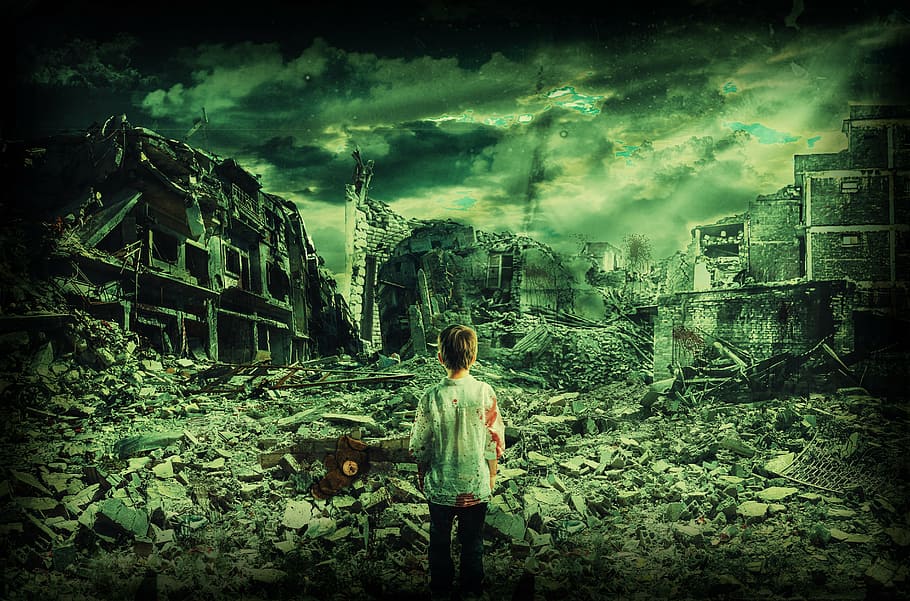 child, white, long-sleeved, top, lost in war, destroyed city, alone, conflict, nobody, children only