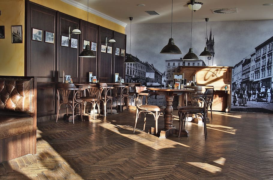 old style restaurant, znojmo, czech republic, seat, chair, indoors, table, cafe, restaurant, wood - material