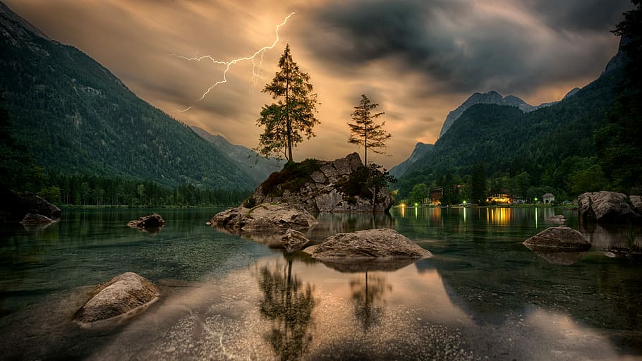 green, brown, tree painting, reflective, photography, trees, rocks, mountain, lightning strike, background