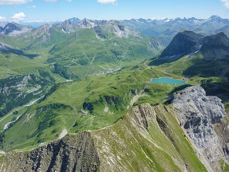 verde, azul, cielo, Arlberg, Montaña, Bergsee, montañas, lago alpino, agua, caminata