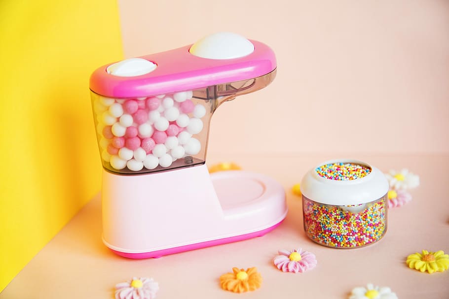 white, pink, mini candy dispenser, background, box, bright, candy, chewing gum, children, chocolate