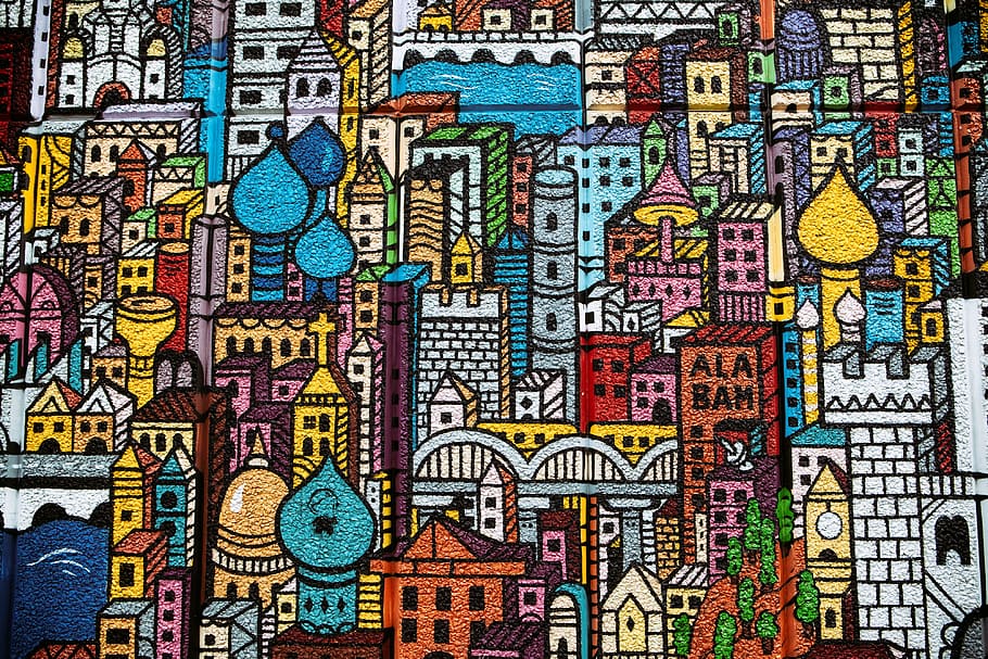 menggambarkan, bangunan kota, seni jalanan, kota, bangunan, perkotaan, grafiti, pola, latar belakang, abstrak
