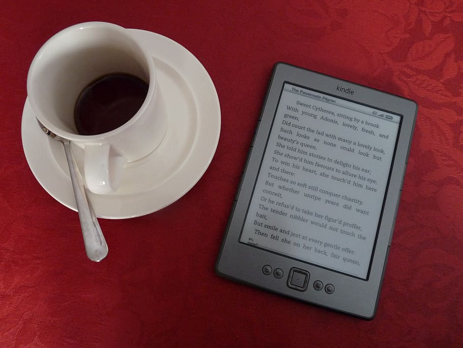 kindle, e-reader, coffee, e-book, reading, literature, tablet, cup, indoors, high angle view