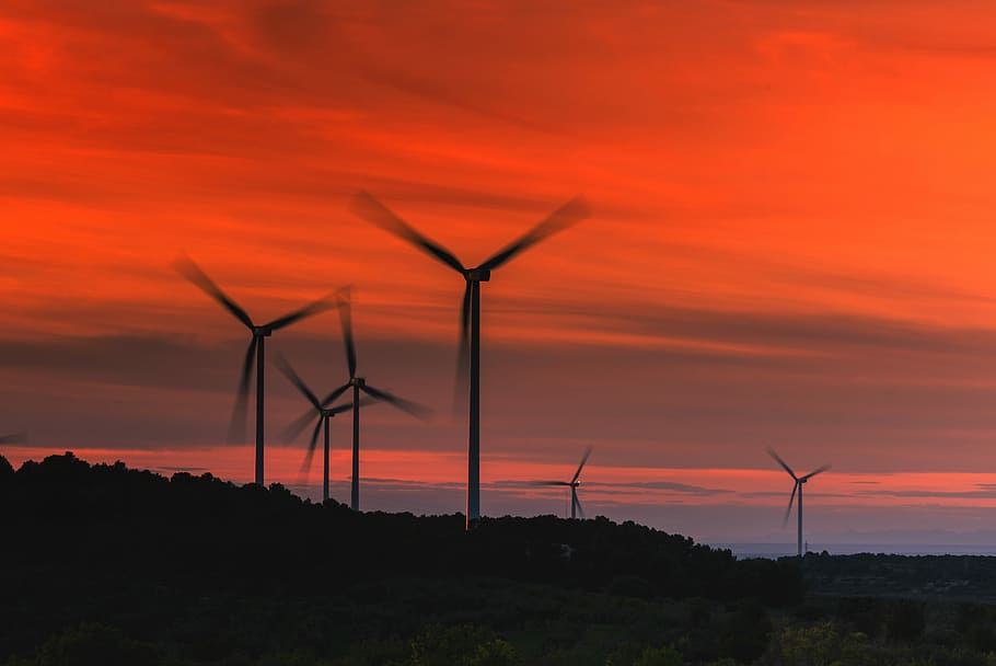 Molino de viento, turbina eólica, turbina, energía, viento, puesta de sol, generador, renovable, limpia, energía renovable