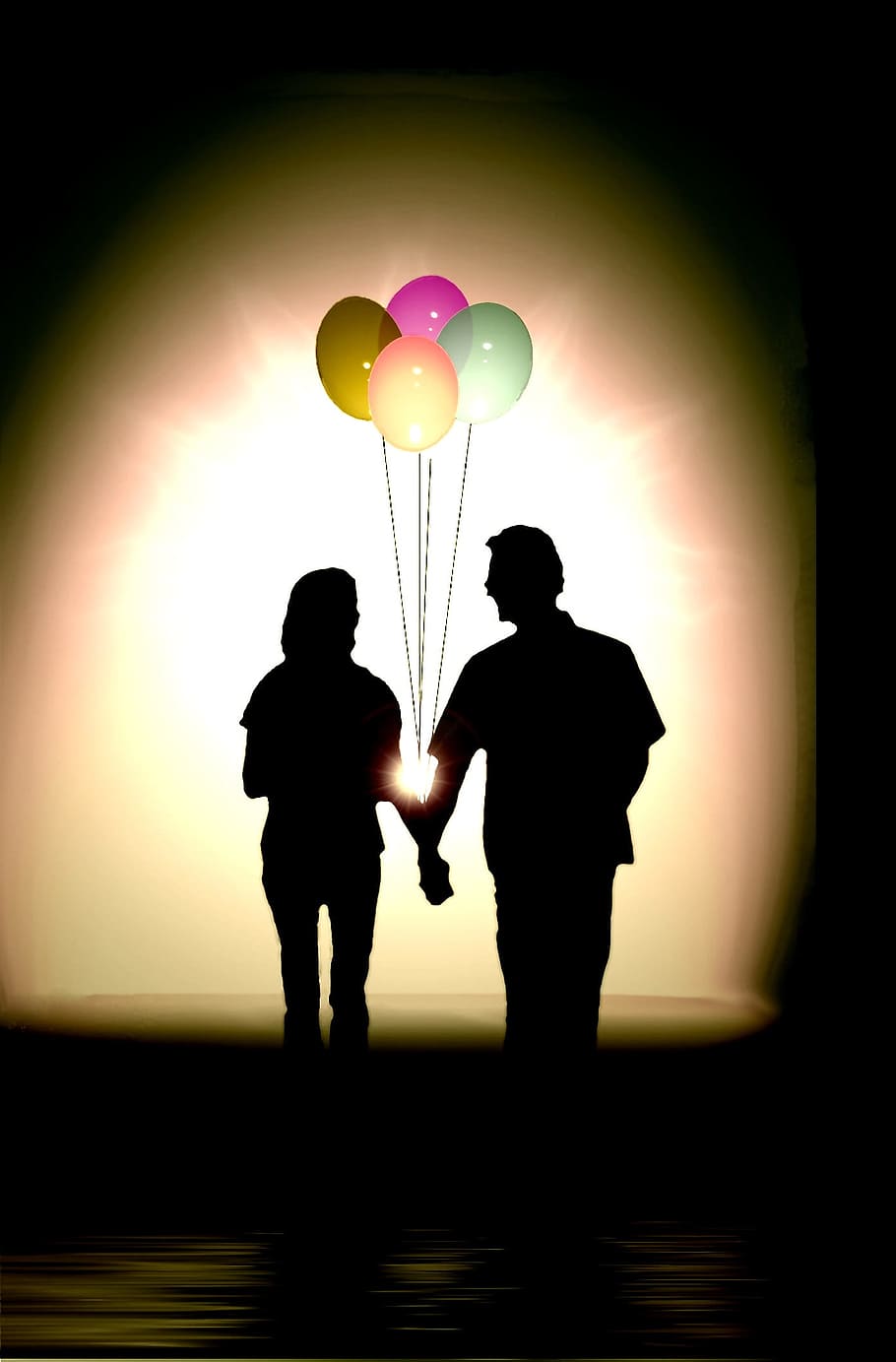 silhouette, couple, holding, hands, balloons, luck, human, pair, hustle and bustle, ballons