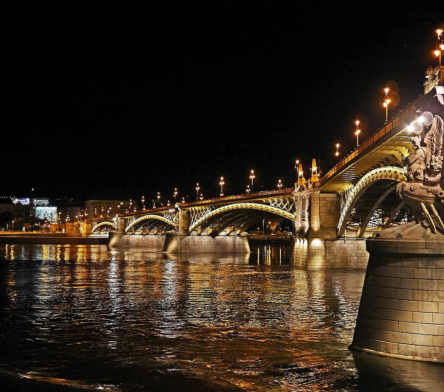 noite, Budapeste, À noite, Margaret Bridge, Budapeste à noite, iluminado, lanternas de rua, danúbio, onda, trânsito