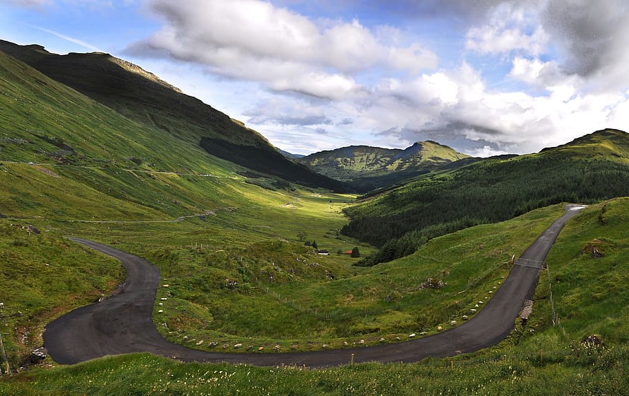 scotland, highland, prairie, green, road, curvy, cloudy sky, landscape, field, nature