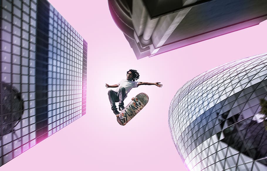 guy, skateboard, high building, pink, neon, flies, jumping, drop, jump, book cover