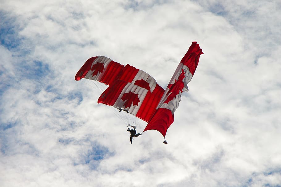 person, using, maple leaf parachute, skydivers, canadian, team, flag, trio, stacked, three