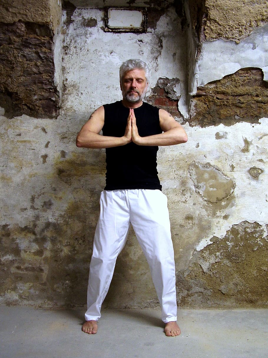manusia, berdiri, abu-abu, putih, dinding, di dalam, kamar, yoga, berdoa, meditasi gassho