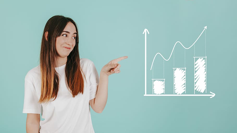 woman, pointing, bar graph, chart, analytics, young, startup, results, data, graph