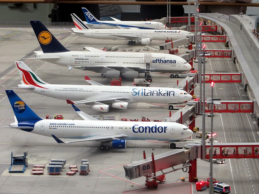 white, blue, condor airplane, model planes, airplanes, miniatur wunderland, hamburg, models, planes, aeroplanes