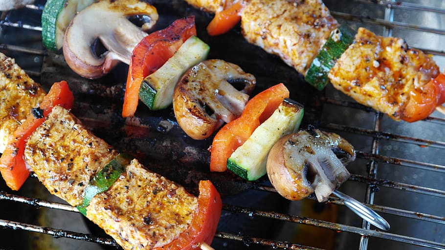 kebab bbq, grille, meat, vegetables, gemuesepiess, mushrooms, meat skewer, barbecue, summer, benefit from