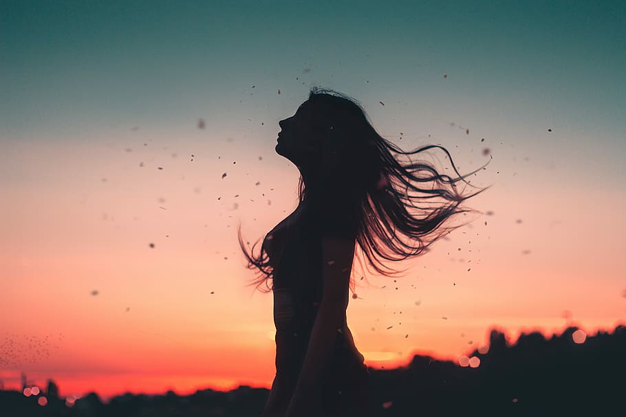 woman, standing, golden, hour, wind, girl, hair, silhouette, sunset, dusk