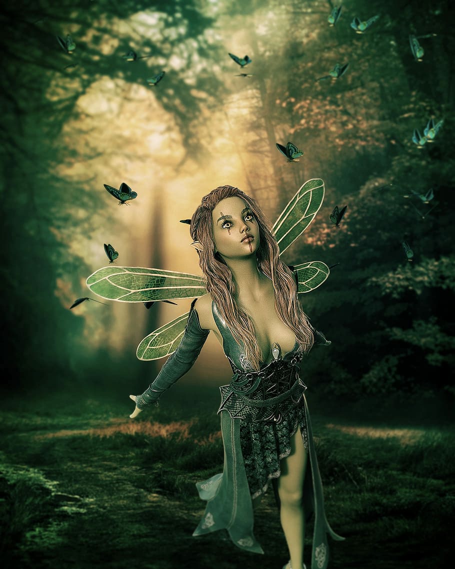 fairy, character, standing, surrounding, trees illustration, fantasy, forest, eleven, surreal, artistic