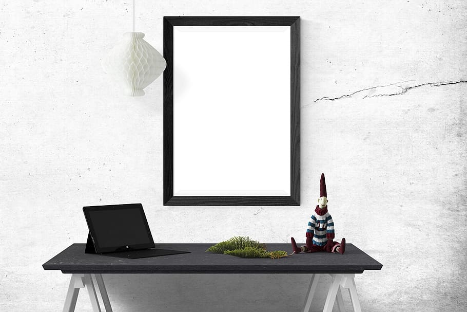rectangular, mirror, black, frame, laptop, poster, wall, mockup, interior, mock
