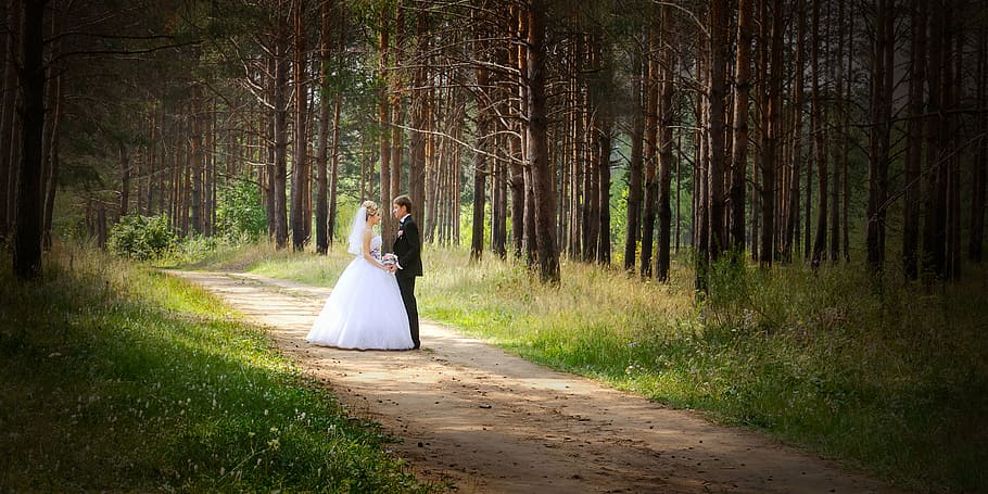 man, woman, wearing, wedding dress, standing, road, trees, wedding, just married, bride