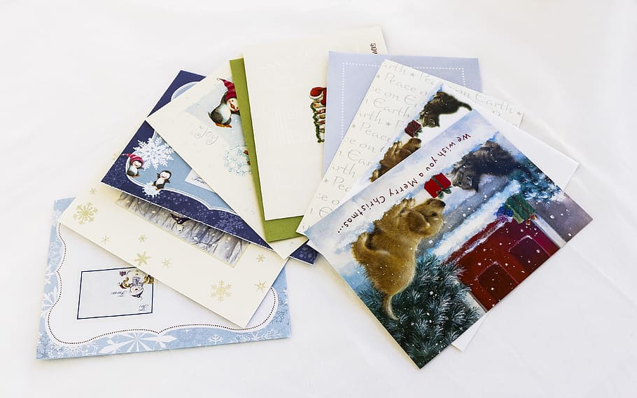 Christmas, Postcards, Letters, Envelopes, christmas postcards, studio shot, white background, mail, photograph, newspaper