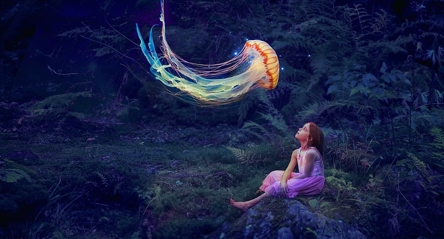 jellyfish, light, child, illuminated, photomontage, girl, glow, dreams, happy, photo manipulation