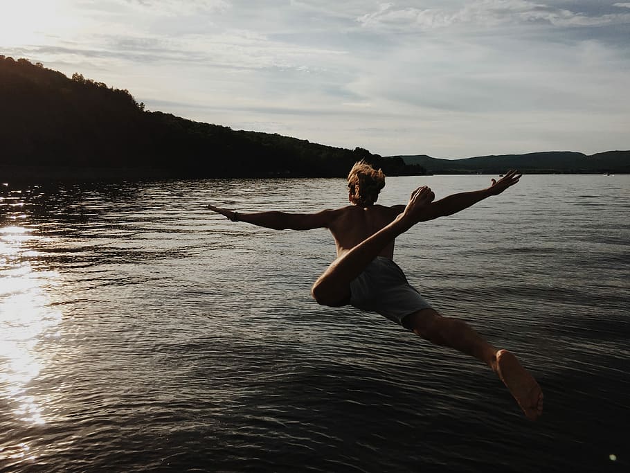 person jump, body, water, daytime, person, jump, body of water, outdoors, women, sea