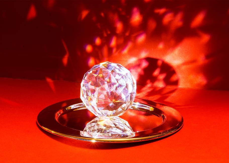 polyhedron, prism, sphere, crystal, reflections, red, light, diamond - gemstone, shiny, wealth