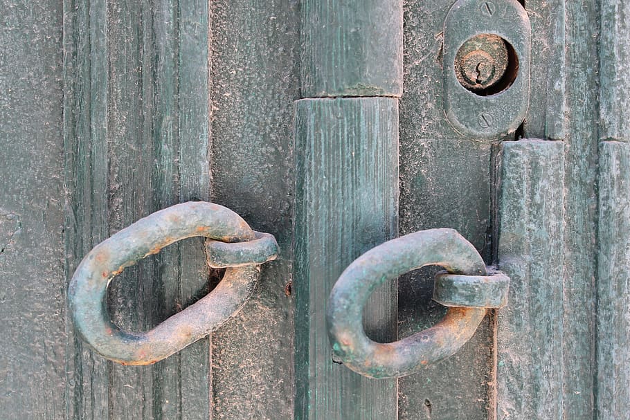 ganchos, angustiado, cadenas, ojo de cerradura, gris, textura, Puerta, entrada, metal, oxidado