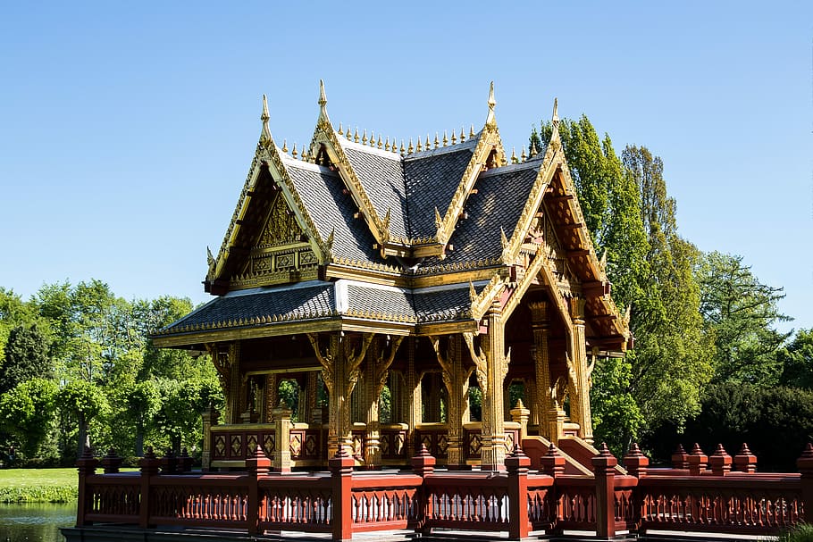 marrom, preto, concreto, pagode, árvores, pavilhão, budista do pavilhão, arquitetura, sala tailandesa, estrutura construída