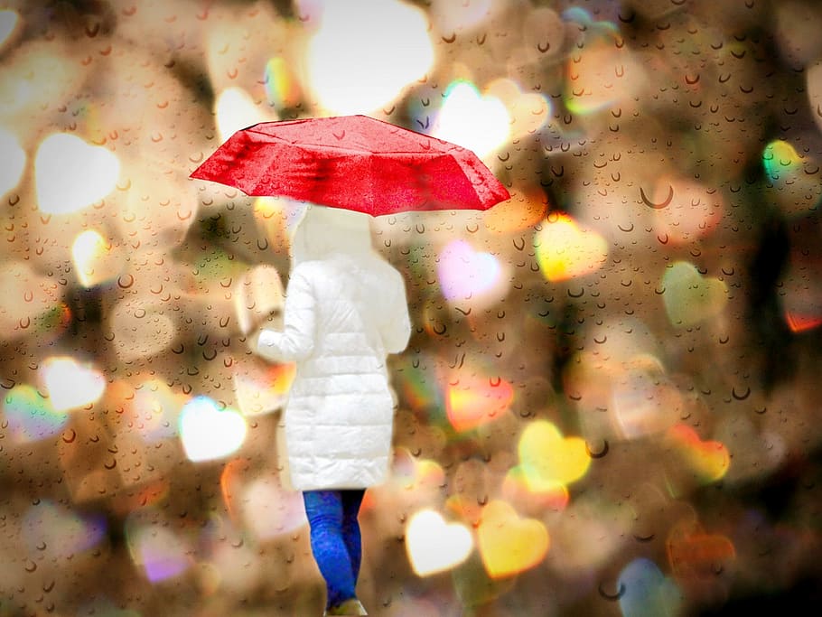 person, wearing, white, jacket, holding, umbrella, rain, screen, woman, bokeh