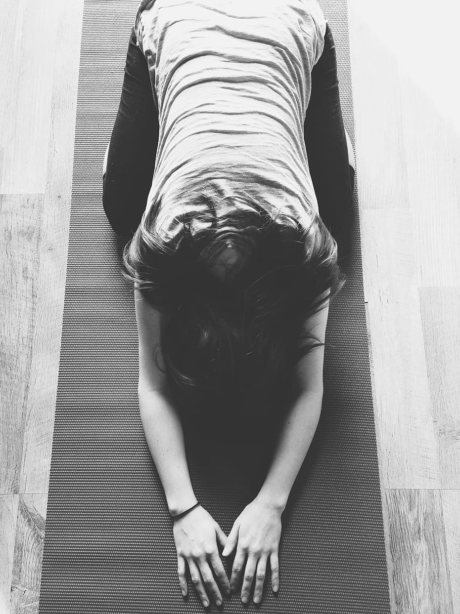 woman, kneeling, yoga mat, yoga, mat, stretching, fitness, girl, people, black and white