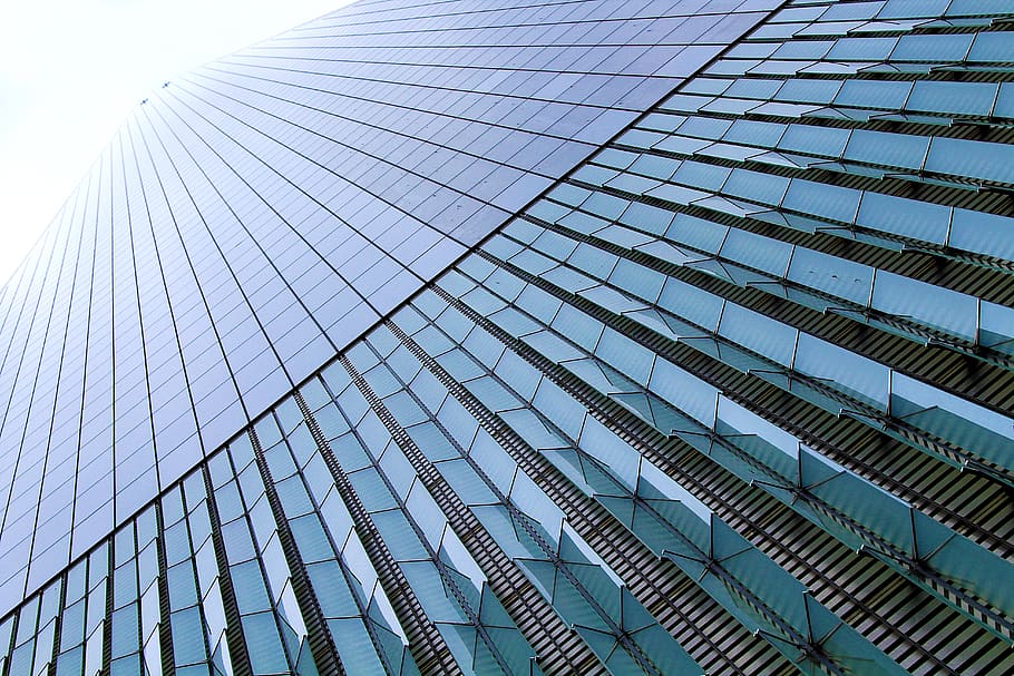 glass building, skyscraper, architecture, building, perspective, urban, city, glass, structure, futuristic