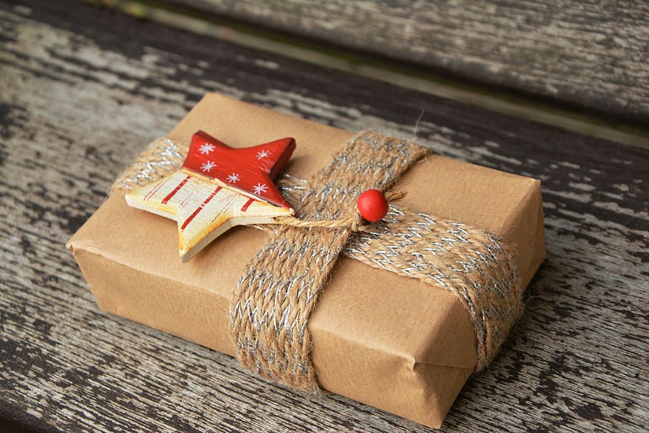 brown, red, gift box, wooden, surface, gift, gift parcel, christmas, packed, surprise