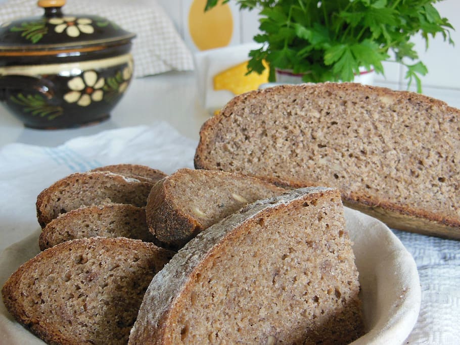 baked, breads, plate, bread, slices, brown, rye, sourdough, healthy, wheat