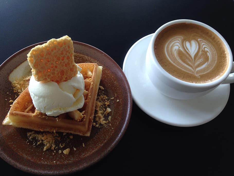 Waffles, Coffee, Cappuccino, Cafe, dessert, inch cafe, specialty coffee, cup, coffee - Drink, drink