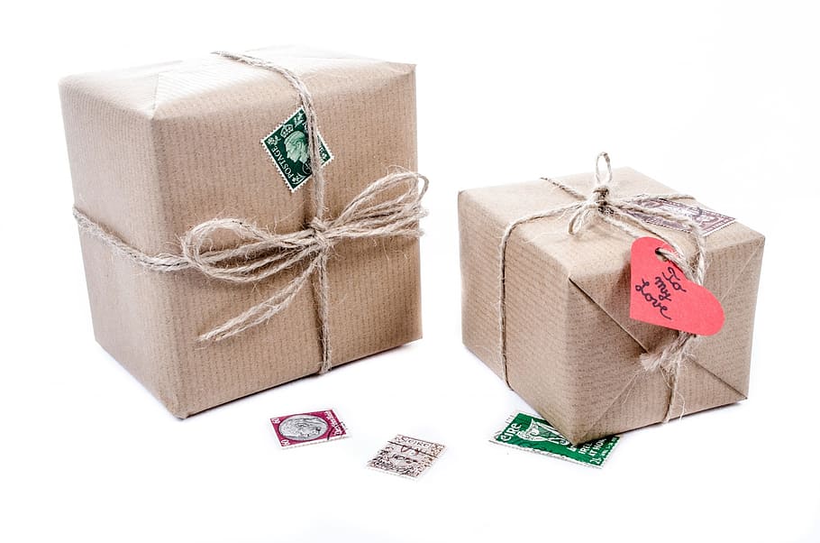 two, brown, gift boxes, cardboard, box, paper, old, close-up, isolated, heap