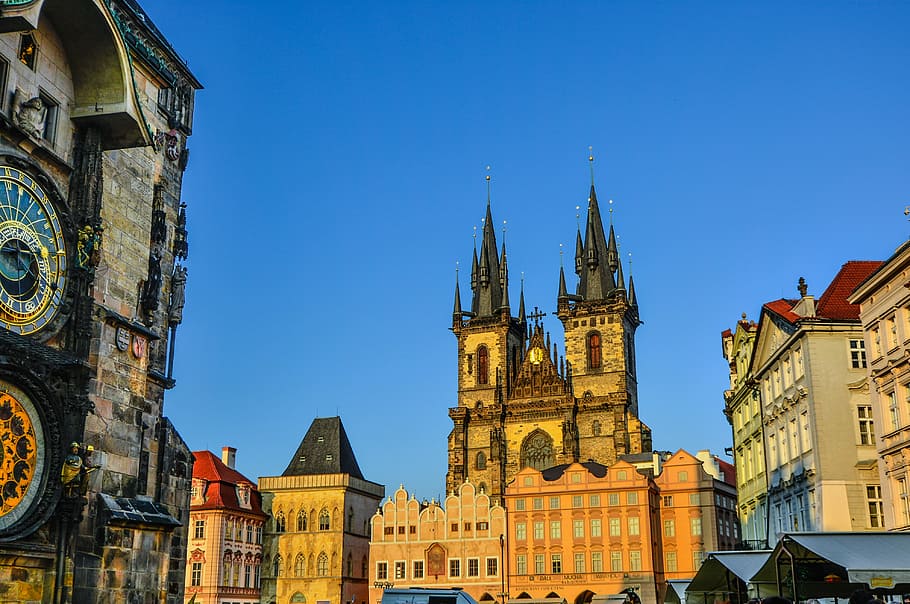 prague, czech, church, spires, cathedral, old, town, square, astronomical, clock
