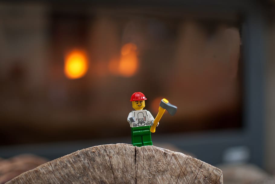lego, figurine, wood, fire, insert, stove, woodcutter, character, childhood, toy