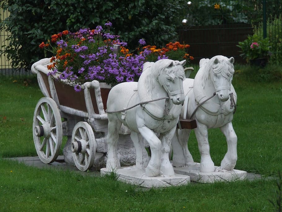 photography, two, white, horse statues, daytime, front yard, flowers, coach, horses, kitsch