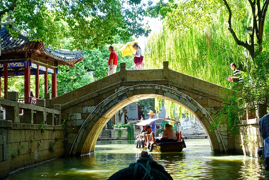 jembatan, cina, kanal, air, suzhou, perahu, tradisional, saluran, indah, sekelompok orang
