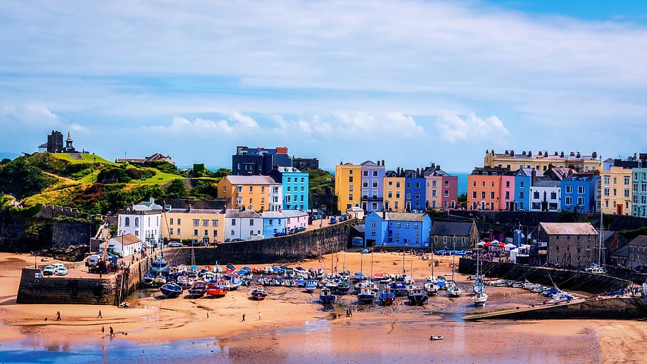 aerial, photography, multicolored, buildings, front, beachshore, Tenby, Pembrokeshire, Wales, Summer